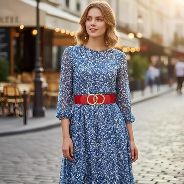 Жіночий еластичний пояс шкіряний 5 см, колір: чорний+червоний, розмір: 110-130 см, для суконь