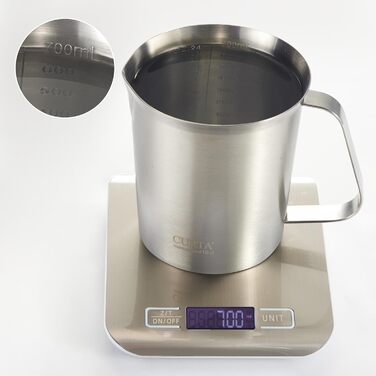 CURTA stainless steel measuring cup, 700 ml measuring cup, milk frothing cup, with markings for ml, oz, and cup.