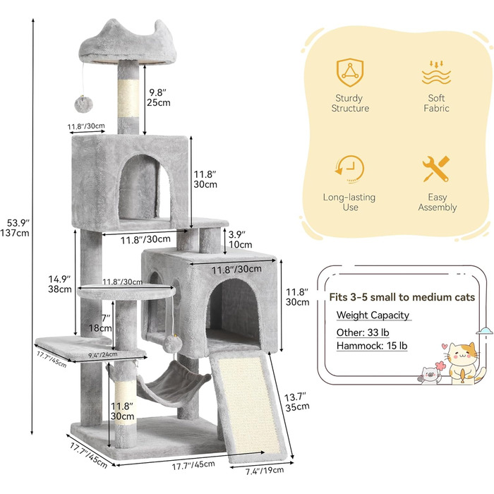 Кігтеточка YITAHOME XL, 137 см, з 2 сизалевими стовпчиками, 1 платформою, 2 хованками, гамаком, плюшевими кульками, дощечкою для заточування кігтів, котячий комплекс, сірий 45 x 45 x 137 см