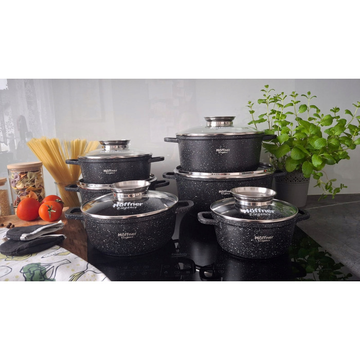 Набір каструль Hoffner, алюміній з мармуровим покриттям, чорний, 17 предметів