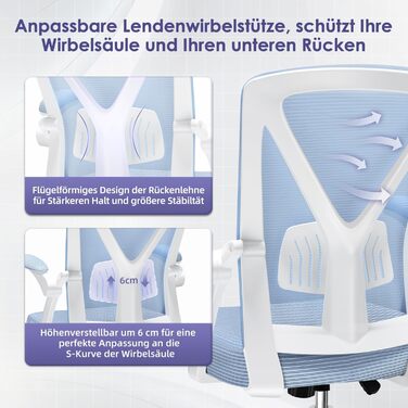 Ергономічне крісло для офісу з регульованою поперековою підтримкою, відкидними підлокітниками, поворотним механізмом та регулюванням висоти, блакитне