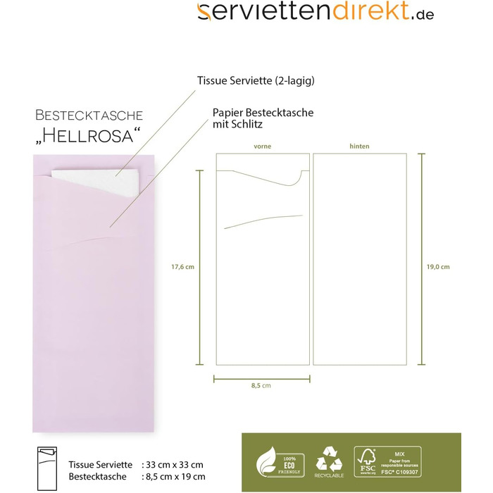Серветкові кишені Prime Guest Prime Fit 85x190 мм з білою 2-шаровою серветкою, для ресторану та свят, 500 шт, світло-рожеві