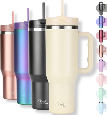 Термокружка Milu 1200 мл з трубочкою та ручкою – 48 годин льоду/24 години холод/12 годин гаряче. Нержавіюча сталь, подвійні стінки, ізольована, 1,2 л (Бежевий)