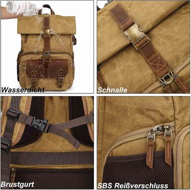 Рюкзак для фотокамери Vmokki Rolltop з водонепроникним покриттям, великий, з швидким доступом, анти-крадіжка, тримач для штатива, відділення для ноутбука. Підходить для дзеркальних фотоапаратів, аксесуарів (Хакі)