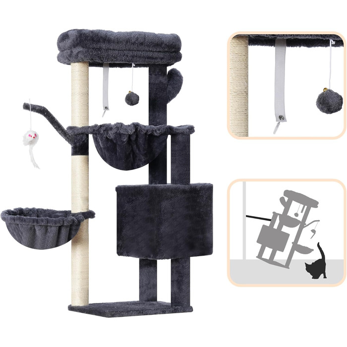 Кігтеточка-кімнатний комплекс Heybly Kratzbaum 100см з платформою, гротою, 2 гамаками та іграшками. Колір: сірий. Модель: HCT006SG