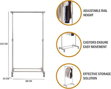 Premier Housewares Clothes Rail with Wheels, Chrome, Plastic, Grey, 43x80x152