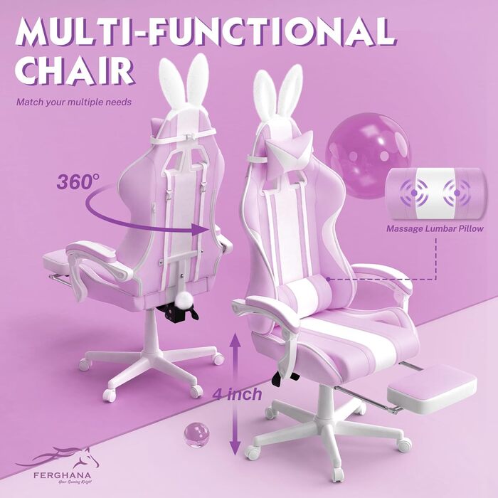 Ergonomic Gaming Chair with Footrest - Racing Style PC Gaming Chair with Headrest, Lumbar Support & Bunny Ears (Violet)