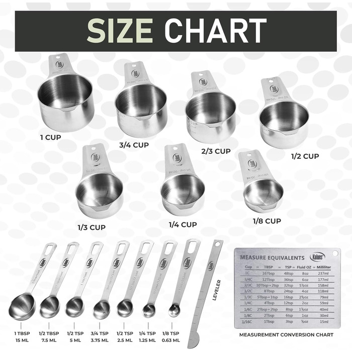 Kaluns Stainless Steel Measuring Cups and Spoons, 16-Piece Measuring Cup and Spoon Set including Leveler and Measuring Card, Durable, Heat and Rust Resistant