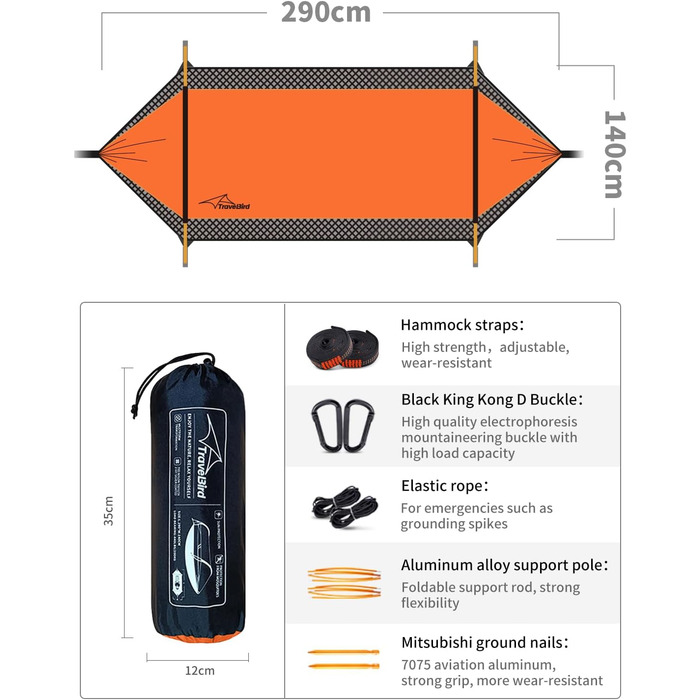 Гамак-намет для кемпінгу з москітною сіткою та сонцезахистом, 290x140 см, великий простір, легкий, з ременями для кріплення до дерева, підлоговий намет для відпочинку на природі, пікніків, походів, зелений (помаранчевий)