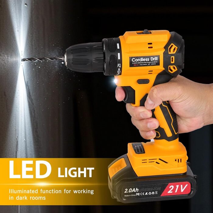 Акумуляторний шурупокрут-дрель 21V безщітковий 80Nm з набором аксесуарів 26-в-1, LED-ліхтар, кейс для дерева, металу, DIY