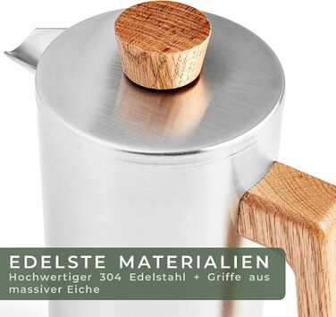 WALDWERK French Press (1L) - Coffee Maker made of double-walled stainless steel with an oak wood handle - plastic-free French Press 1L