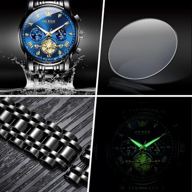 Годинник чоловічий OLEVS з металевим браслетом, кварцовий, з місячною фазою, хронограф, водостійкий, з нержавіючої сталі (2856 Blue / Black)