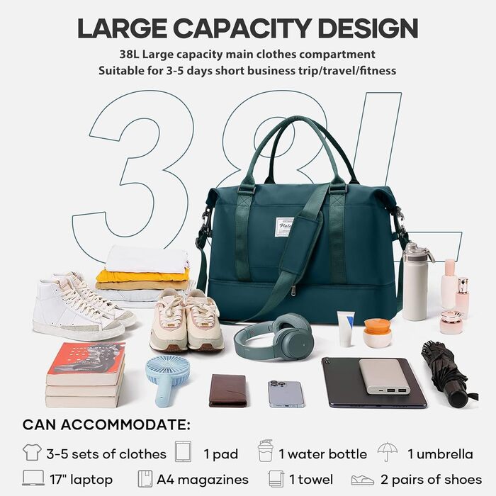 Спортивна сумка для жінок 45x36x20 см: Travel Bag, Duffle Bag, Weekender Bag, фітнес-сумка, валіза для ручної поклажі Easyjet, водонепроникна сумка для плавання, з відділенням для взуття, L2-Зелений, A04-Армійський зелений (A03-Півнячий блакитний, вакуумн