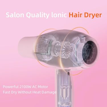 Професійний іонний фен для волосся Salon 2100W з дифузором та насадками, 3 режими температури, 2 швидкості, рожевий