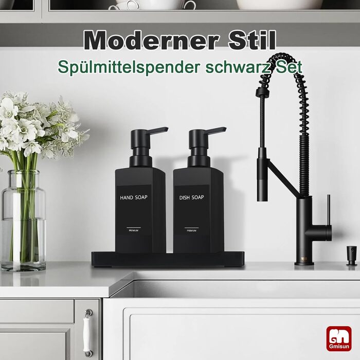 Диспенсер для мила GMISUN чорний скляний 350 мл для кухні та ванної кімнати з піддоном та водонепроникними етикетками