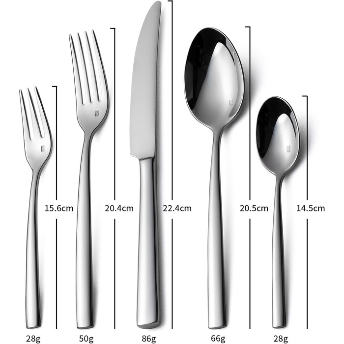 Alata Konrad 18/10 Stainless Steel Polished Cutlery Set, 12 Place Settings, 60-Piece Dinner Set, Monoblock Knives, Glossy Finish, Dishwasher Safe