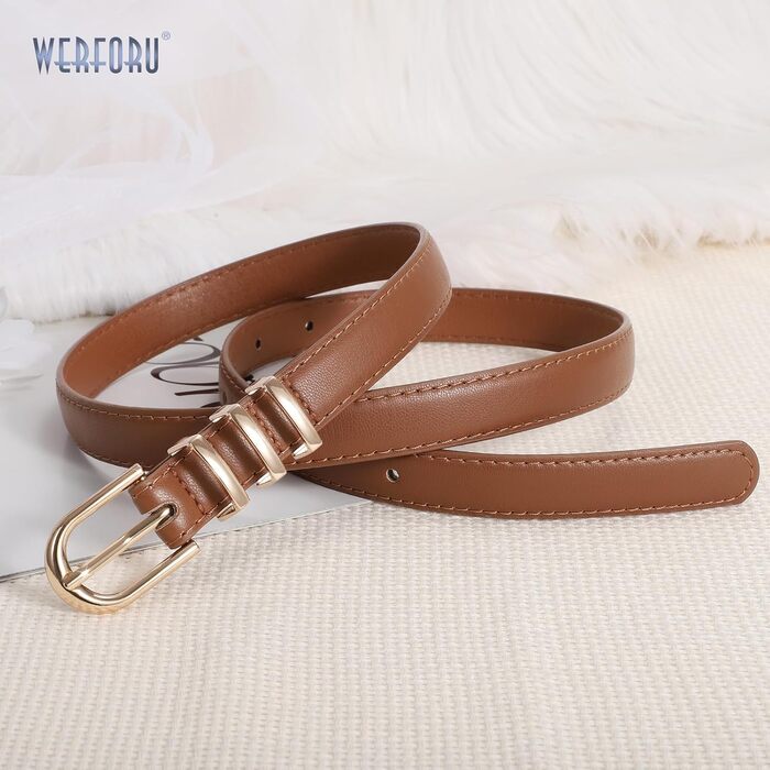Жіночі шкіряні ремені WERFORU (2 шт.) для джинсів та штанів. Тонкий ремінь з золотою пряжкою. Довжина 110 см, підходить на талію 80-92 см (чорний+коричневий)