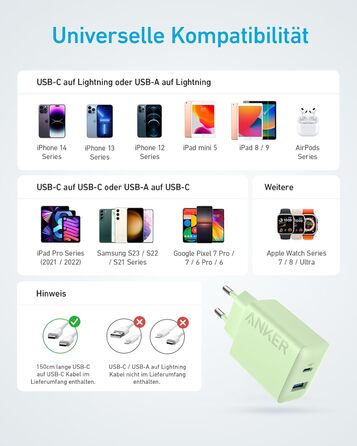 Зарядний пристрій Anker 20W USB-C, адаптер живлення для iPad, швидка зарядка, сумісний з iPhone 17/16/15, кабель USB-C (150 см), зелений