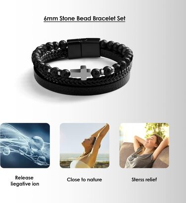 Чоловічий браслет Dochais: нержавіюча сталь, шкіряний ремінець, хрест Ісуса Христа, плетіння з натурального каменю, магнітна застібка, чорний, 21 см