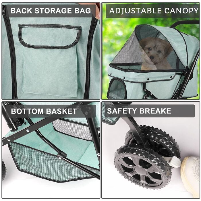 Візок для собак Wedyvko до 20 кг, 4 колеса, складаний, для маленьких та середніх собак та котів, з кошиком для зберігання та тримачем для напоїв (зелений)