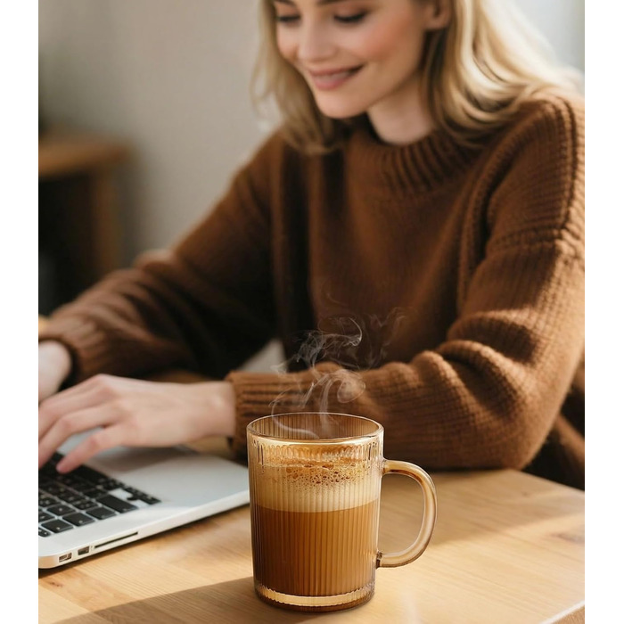 Набір з 4 чашок капучино 350мл, скляні, з рифленням, для лате/капучино/напоїв/кави/чаю - золоті