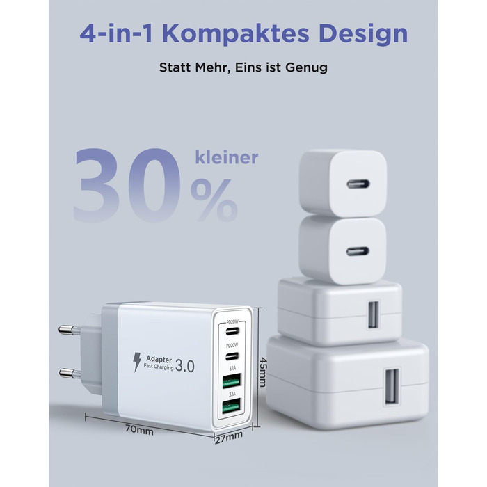 Мережевий адаптер USB-C на 4 порти з кабелем USB-C на USB-C 2м, 40W, PD 3.0, для iPhone, Samsung, смартфонів