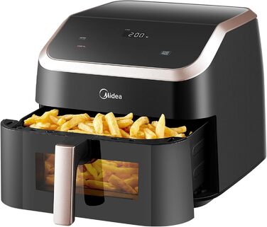 Аерофритюрниця Midea XXL 9 л, 8-в-1, без олії, до 200°C, для грилю, випічки, смаження, дегідрації, розігріву, підтримки тепла, з рецептурником, підходить для посудомийки