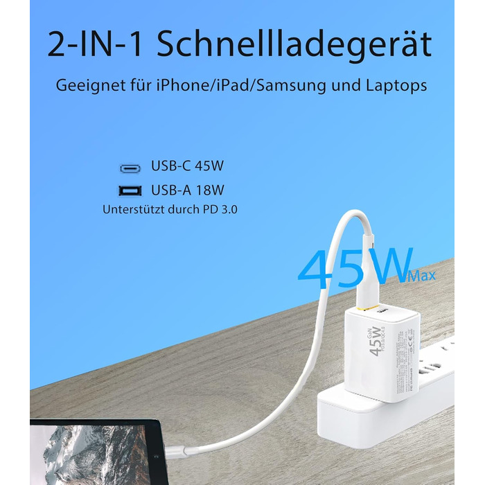 Мережевий зарядний пристрій USB-C 45W з 2 портами, PD 3.0, швидка зарядка для Samsung Galaxy S24/S23/S22, iPhone 16/15/14 Pro Max, iPad, Pixel, мобільні телефони