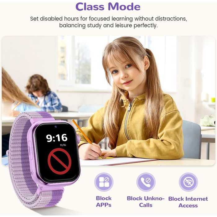 Дитячий розумний годинник зі GPS та телефоном, IP68, відеодзвінки, SOS, режим навчання, чат, SMS, ліхтарик, крокомір, будильник, годинник для дівчаток та хлопчиків, фіолетовий