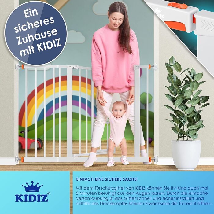 Захисне ворота KIDIZ для котів з люком, захист для дверей, ворота на сходи для дітей без свердління | Зупинка 90°, поворотне, захист для сходів, білий/ширина: (102-115 см, помаранчевий)