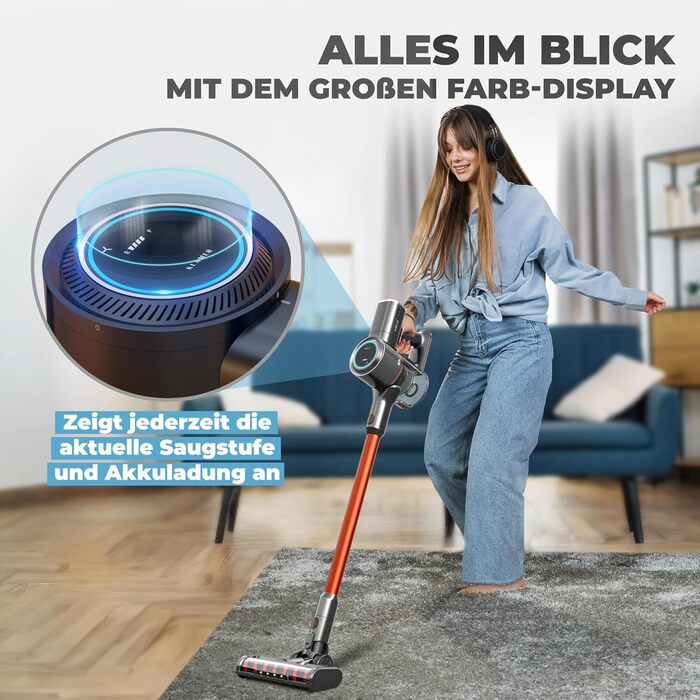 Акумуляторний пилосос KLAMER 2-в-1: вертикальний та ручний, час роботи до 45 хв, HEPA-фільтр для килима, авто та твердих поверхонь, сірий/помаранчевий, 2 акумулятори (по 45 хв)