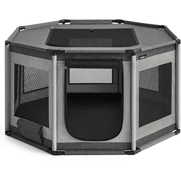 Клітка для цуценят Feandrea Oxford, восьмикутна, велика, 112 x 112 x 76 см, з PVC-каркасом, дихаюча сітка, з кишенею, сіро-сіра, PDC006G01