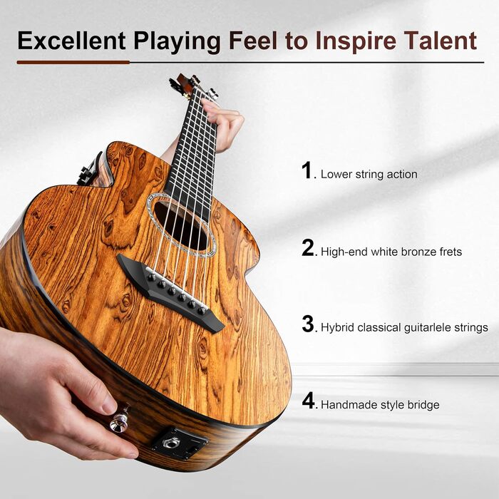 Гуітарела Caramel GEG95 з бокоте, блискуча, професійна, 6-струнна, акустична та електрогітара з аксесуарами для подорожей, 30'