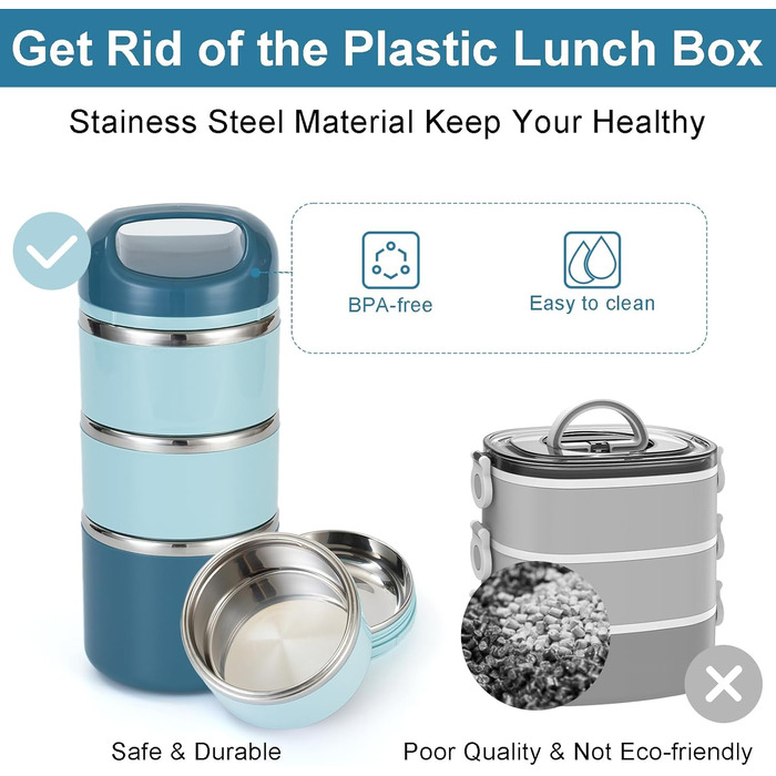 Ланчбокс Lille Home з нержавіючої сталі 1.43л, 3-рівневий, ізольований, без BPA, для їжі на виніс, підходить для жінок та чоловіків (блакитний)