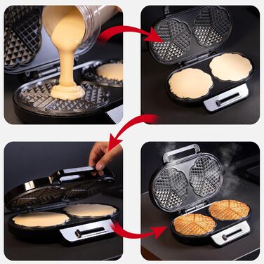 Вафельниця LEHMANN Doppel Waffeleisen Herzform - для випікання 10 вафель у формі серця, з антипригарним покриттям, регулюванням температури, індикатором нагріву, 1200W, чорний/срібний