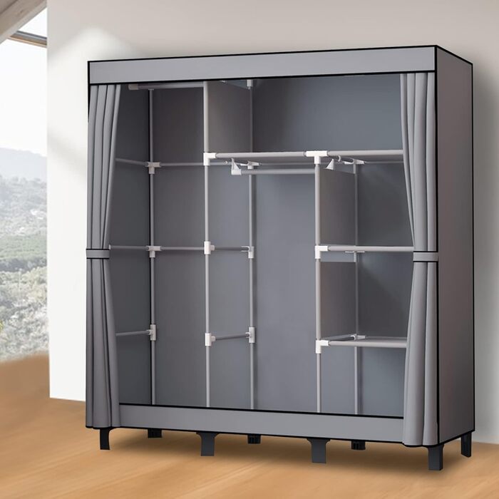 LOEFME Wardrobe, cloth wardrobe with 2 sturdy clothes rails, fabric clothes closet with shelves, open foldable clothes rack, storage for the bedroom, 172 x 130 x 45 cm (Grey)