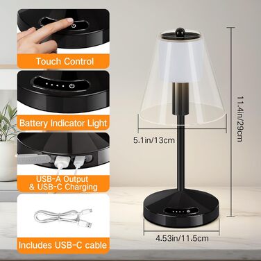 OUTON Бездротова LED-лампа настільна з торканням, регулювання яскравості, 3 режими кольору (3000K–6000K), акумулятор 4000mAh, USB-C, до 120 годин роботи, пам'ять, для спальні, бару та декору, чорна