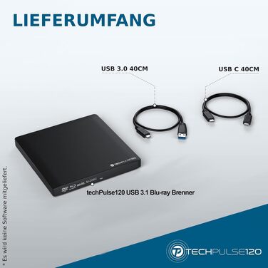 Зовнішній Blu-ray привід techPulse120 USB 3.1 Type-C M-Disc BDXL Brenner Player для PC, Notebook, Mac OS, MacBook Pro Air, алюміній (чорний)