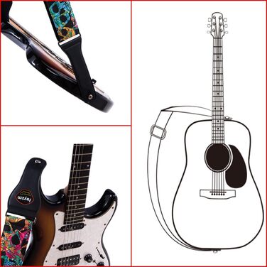 Гітарний ремінь Rayzm для акустичної, електрогітари та бас-гітари з баскліком та дизайном черепа, 6.5 см, для дорослих