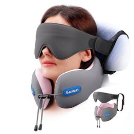 Подушка для шиї в літак Travel Pillow для авіаперельотів, подушка для шиї з ременем та 3D-маскою для сну, Memory Foam для тривалих подорожей літаком та автомобілем (сіро-рожевий)