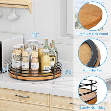 Wooden Lazy Susan Turntable Organizer, round, for cabinet, kitchen, countertop, pantry, dining table, bathroom, cafe, bar, spice storage, home decor