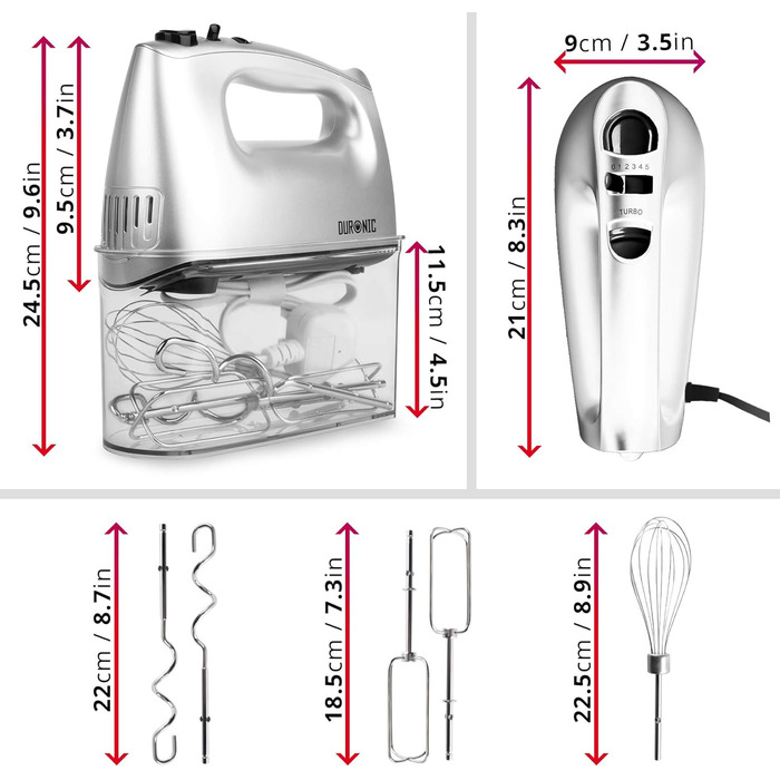 Ручний міксер Duronic 400W з набором насадок: вінчики, гаки для тіста та вінчик для збивання, 5 швидкостей + Turbo, коробка для зберігання. Ідеально для випічки, тіста та збивання яєць.