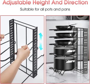 G-TING Pot Rack, 8 Tiers, Pot and Pan Organizer, Adjustable Lid Holders & Pan Rack for Kitchen, Countertop and Cabinet, Lid Organizer for Pots