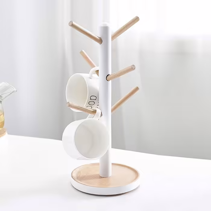 Removable Wooden Tree Cup Shelf, Coffee Cup Holder for Coffee, Tea, Mug, Display Stand, Coffee Bar Accessories with 6 Hooks (white)