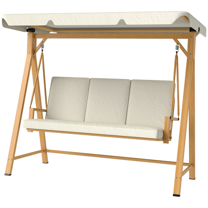 Outsunny Hollywood Swing with Adjustable Sun Canopy and Seat Cushion, Wood-Look 3-Seater Garden Swing, Load Capacity up to 330kg, Swing Bench for Garden, Terrace 198 x 120 x 170cm, Beige | Aosom