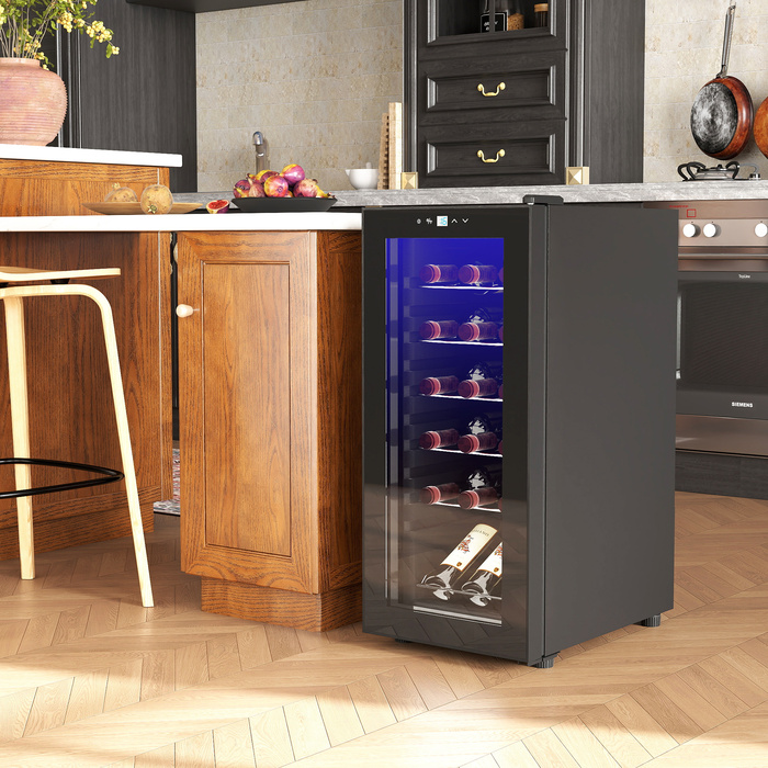 HOMCOM Wine Refrigerator, Compressor for 18 Bottles, 50 L Beverage Refrigerator with Glass Door, 5-18°, Bottle Refrigerator with Touch Switch | Aosom
