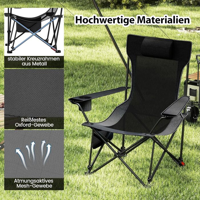 Крісло для кемпінгу та риболовлі Costway з підставкою для ніг, регульованою спинкою, підголівником, тримачем для напоїв та бічною кишенею (Сірий)