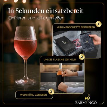 Охолоджувач для вина BARMINGO з нержавіючої сталі з 2 охолоджувальними акумуляторами – охолоджувач напоїв та охолоджувач пляшок для вина, шампанського, ігристого вина | Подвійний сектанкулер з охолоджувальними манжетами | Охолоджувач для винних пляшок | (