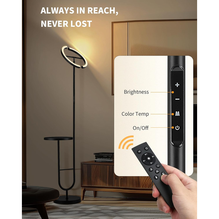 Підлогова лампа LuminexDesigns з регулюванням яскравості, 36W+7W LED, 3200LM+600LM, 2700K-6500K, чорна. Сучасна підлогова лампа для вітальні з пульт дистанційного керування