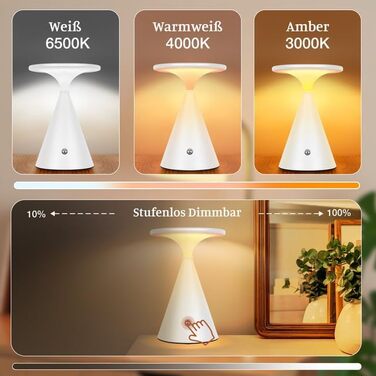 Настільна LED лампа акумуляторна бездротова 2 в 1 (індор/аудор) з димером, сенсорна, 3 кольори, біла (1 шт)